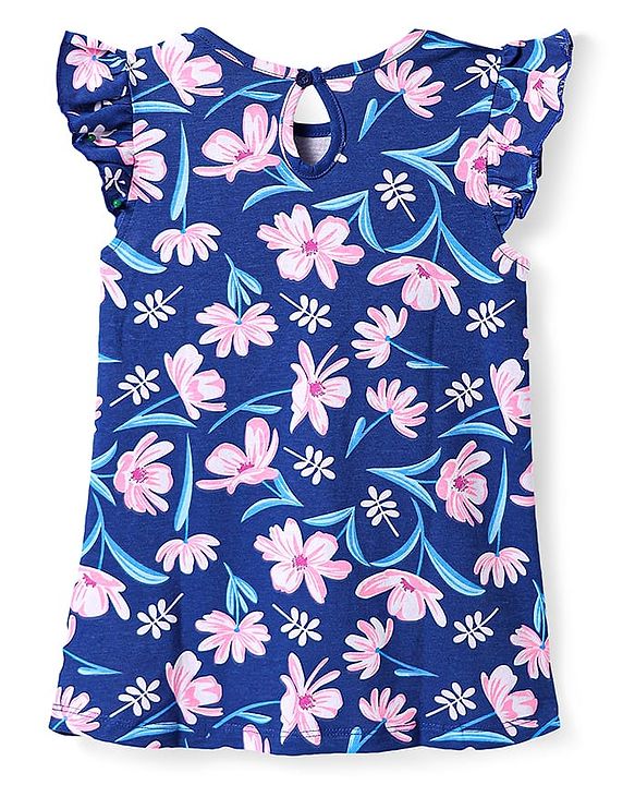 Babyhug Cotton Knit Frill Sleeves Nighty with Floral Print - Navy Blue