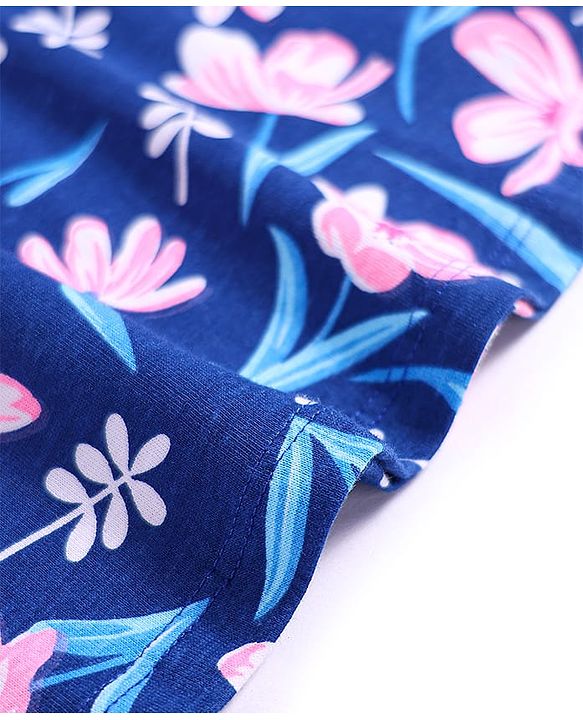 Babyhug Cotton Knit Frill Sleeves Nighty with Floral Print - Navy Blue