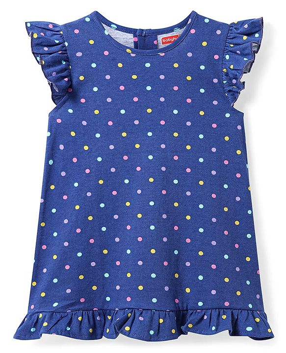 Babyhug Cotton Knit Frill Sleeves Nighty with Polka Dots - Navy Blue