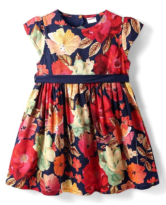 Babyhug Cotton Woven Half Sleeves Frock with Floral Print & Fabric Belt - Navy Blue