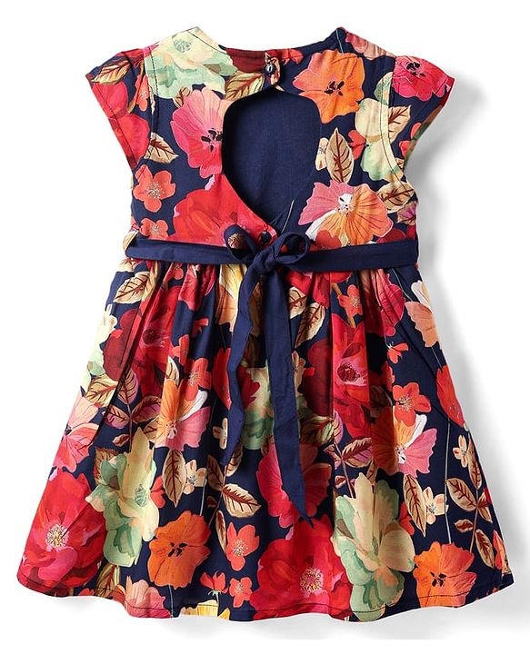 Babyhug Cotton Woven Half Sleeves Frock with Floral Print & Fabric Belt - Navy Blue