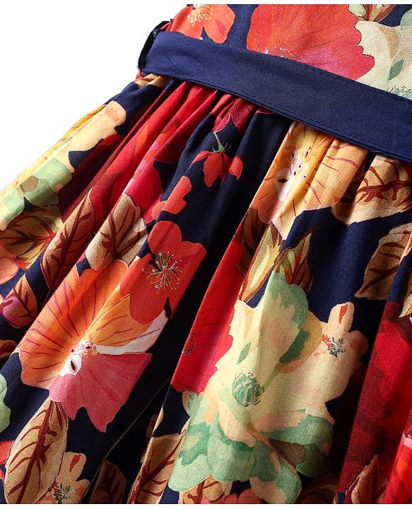 Babyhug Cotton Woven Half Sleeves Frock with Floral Print & Fabric Belt - Navy Blue