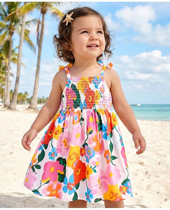 Babyhug Cotton Woven Sleeveless Anti Bacterial Floral Printed Frock with Smocked & Bow Detailing - White Blue & Orange
