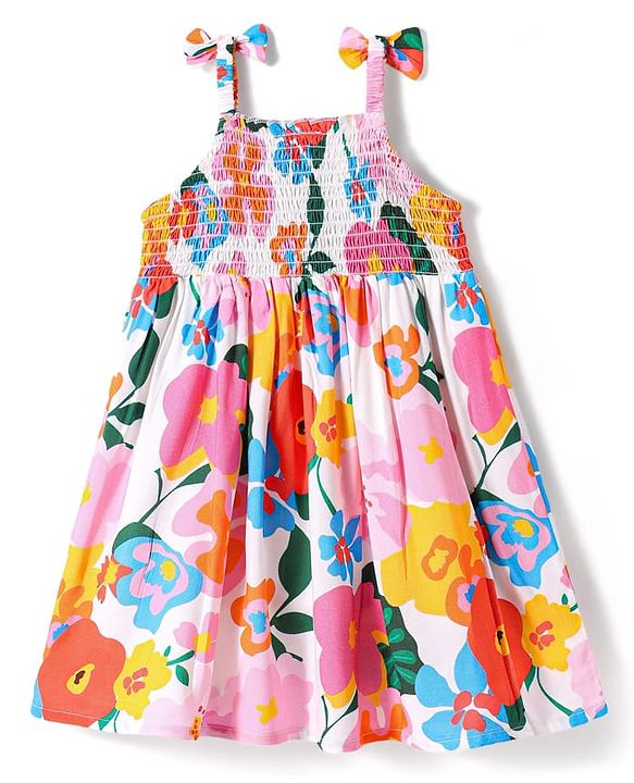 Babyhug Cotton Woven Sleeveless Anti Bacterial Floral Printed Frock with Smocked & Bow Detailing - White Blue & Orange