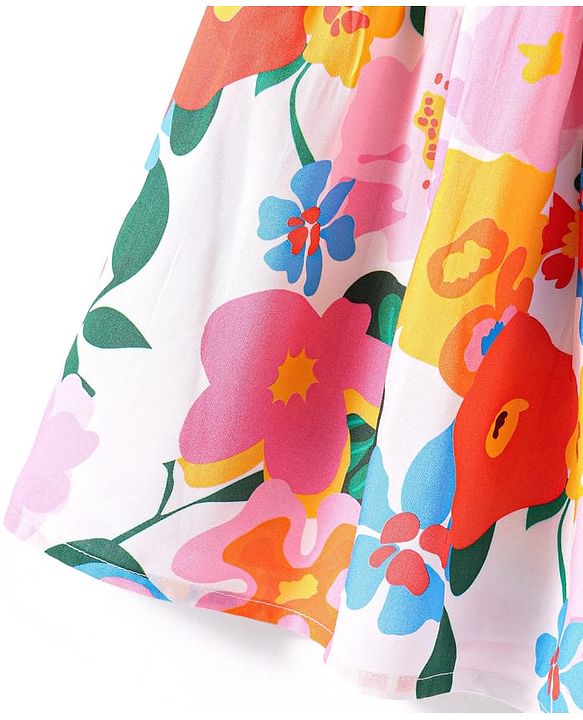 Babyhug Cotton Woven Sleeveless Anti Bacterial Floral Printed Frock with Smocked & Bow Detailing - White Blue & Orange