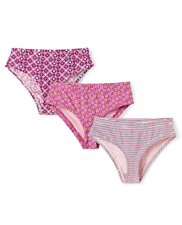 Pine Kids Cotton Elastane Knit Panties with Hearts Print & Stripes Pack of 3 (Color May Vary)