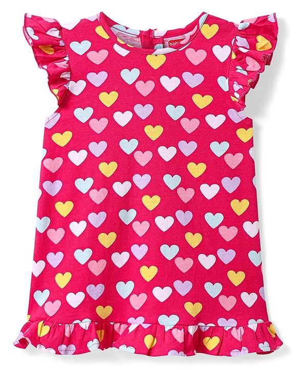 Babyhug Cotton Knit Frill Sleeves Nighty with Heart Print - Dark Pink