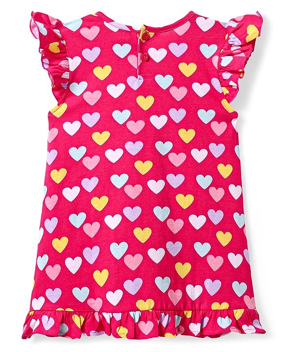 Babyhug Cotton Knit Frill Sleeves Nighty with Heart Print - Dark Pink