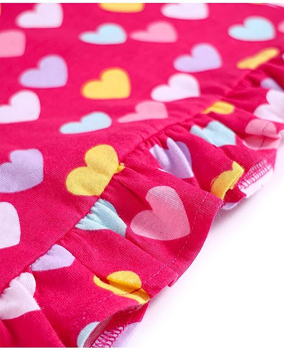 Babyhug Cotton Knit Frill Sleeves Nighty with Heart Print - Dark Pink