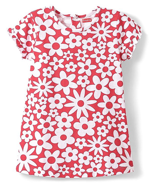 Babyhug Cotton Knit Half Sleeves Nighty With Floral Print - Red & White