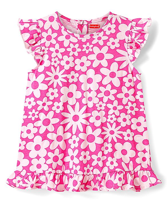 Babyhug Cotton Knit Frill Sleeves A Line Night Suit with Floral Print - Pink