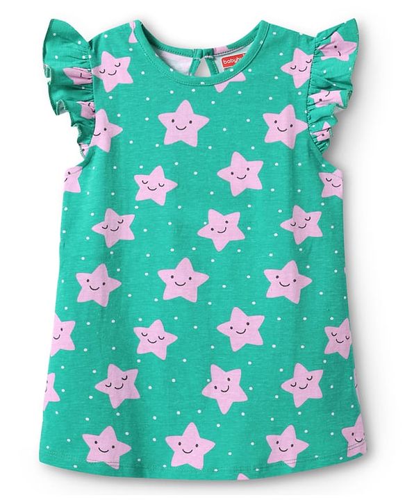 Babyhug Cotton Knit Frill Sleeves Nighty with Star Print - Green