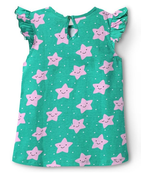 Babyhug Cotton Knit Frill Sleeves Nighty with Star Print - Green