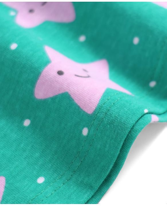 Babyhug Cotton Knit Frill Sleeves Nighty with Star Print - Green