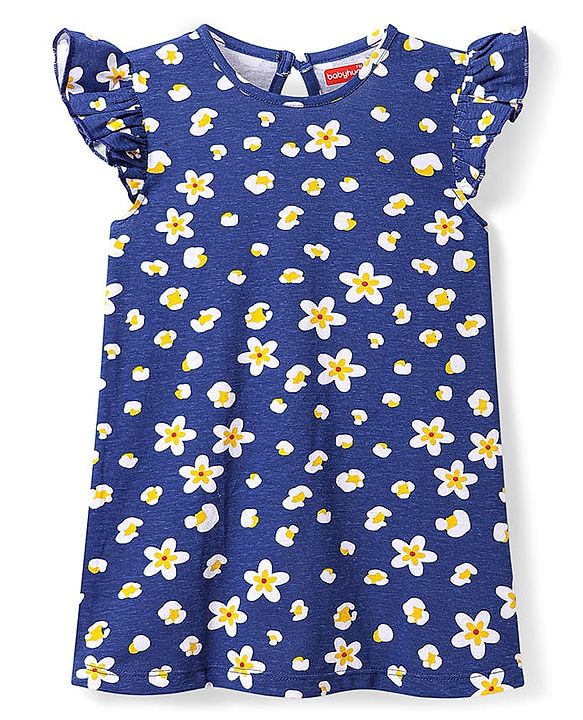 Babyhug Cotton Knit Frill Sleeves Nighty with Floral Print - Navy Blue
