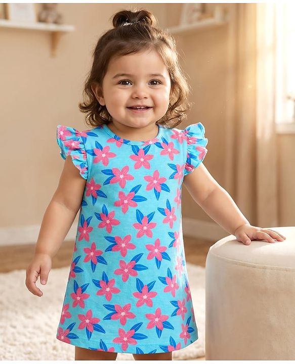 Babyhug Cotton Knit Frill Sleeves A Line Nighty with Floral Print - Light Blue