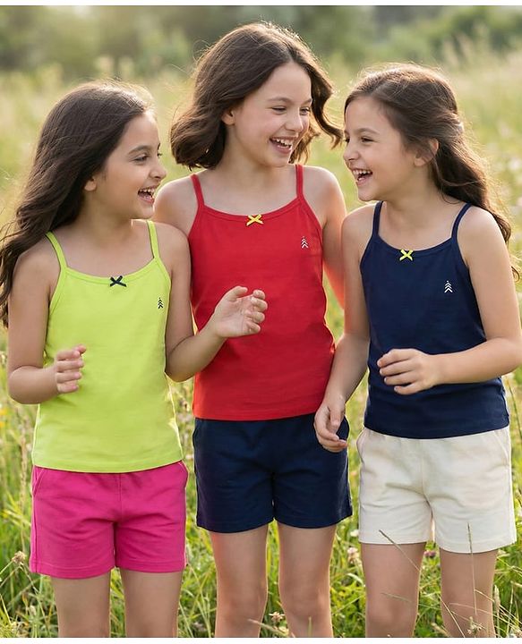Pine Kids Cotton Elastane Knit Singlet Sleeves So;id Color Slips Pack of 3 (Color May Vary)