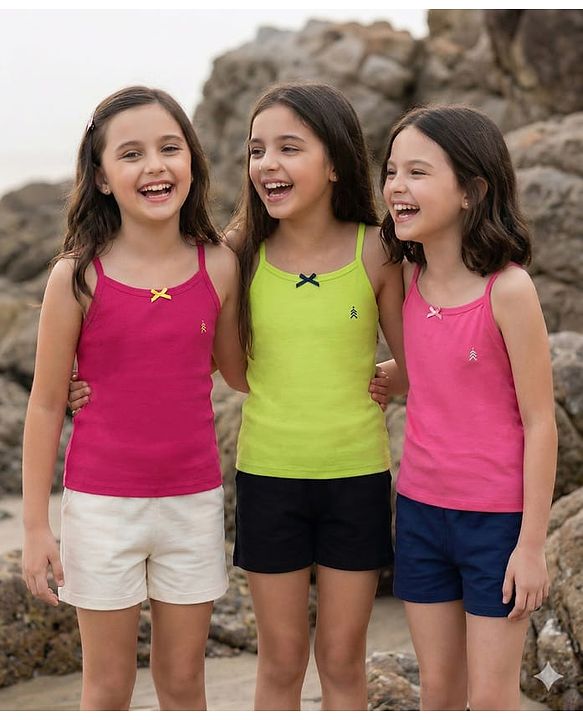 Pine Kids Cotton Elastane Knit Singlet Sleeves Solid Color Slips Pack of 3 (Color May Vary)
