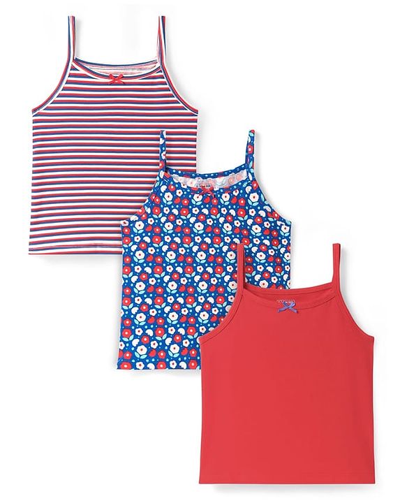 Pine Kids Cotton Elastane Knit Singlet Sleeves Slips with Floral Print & Stripes Pack of 3 (Color May Vary)
