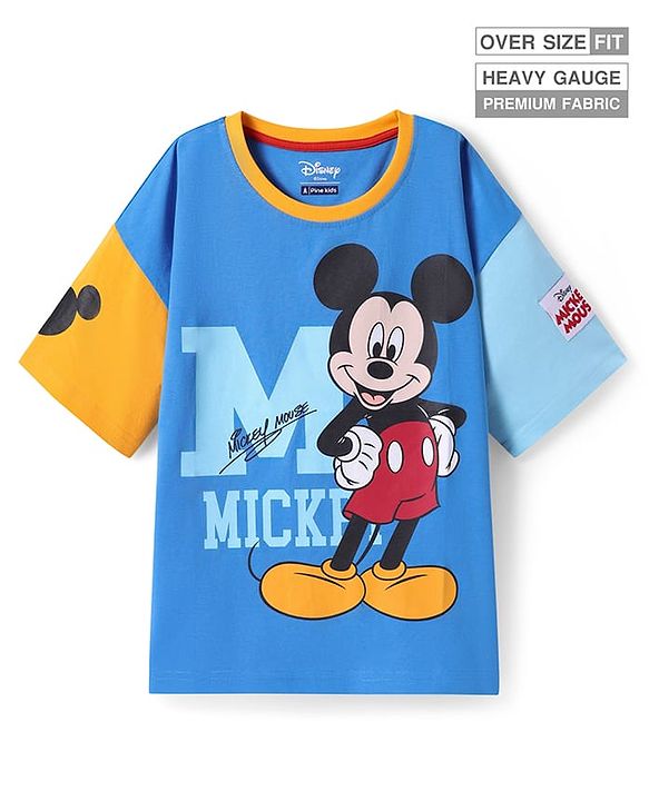Pine Kids Disney  Single Jersey Knit Half Drop Shoulder Sleeves Oversized T-Shirt with Mickey Mouse Graphics & Patch Detailing - Blue