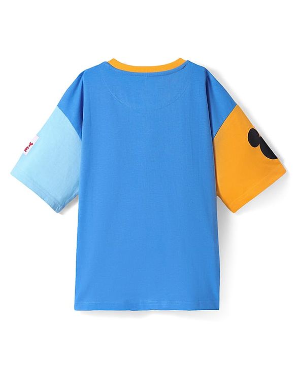 Pine Kids Disney  Single Jersey Knit Half Drop Shoulder Sleeves Oversized T-Shirt with Mickey Mouse Graphics & Patch Detailing - Blue
