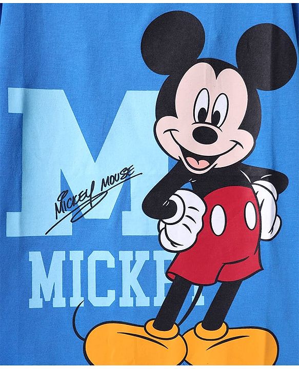 Pine Kids Disney  Single Jersey Knit Half Drop Shoulder Sleeves Oversized T-Shirt with Mickey Mouse Graphics & Patch Detailing - Blue