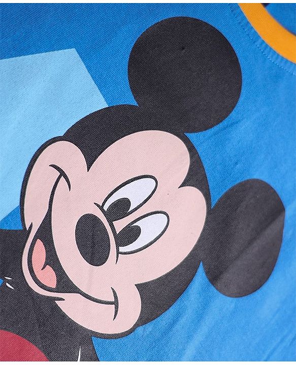 Pine Kids Disney  Single Jersey Knit Half Drop Shoulder Sleeves Oversized T-Shirt with Mickey Mouse Graphics & Patch Detailing - Blue