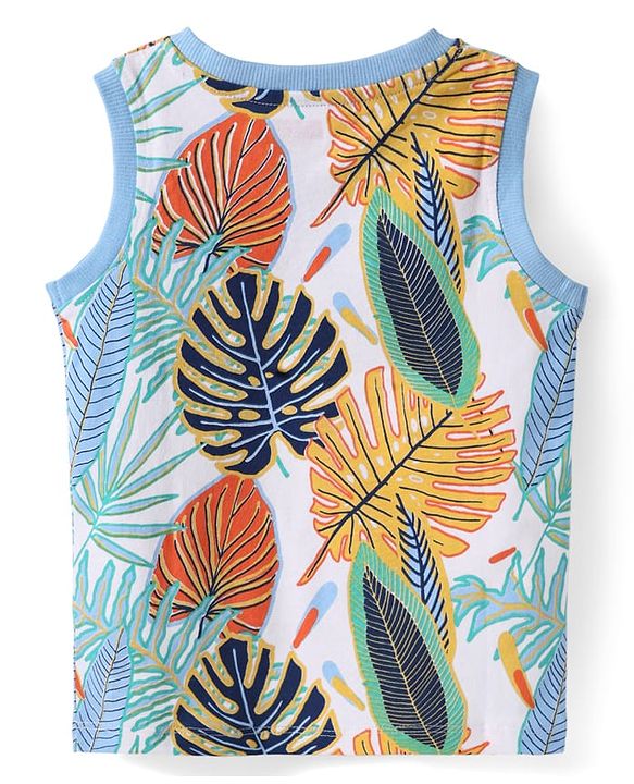 Babyhug Cotton Knit Sleeveless Tank Henley Neck T-Shirt with Tropical Theme Print - White
