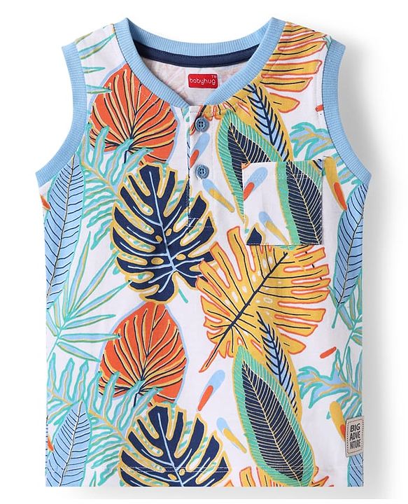 Babyhug Cotton Knit Sleeveless Tank Henley Neck T-Shirt with Tropical Theme Print - White
