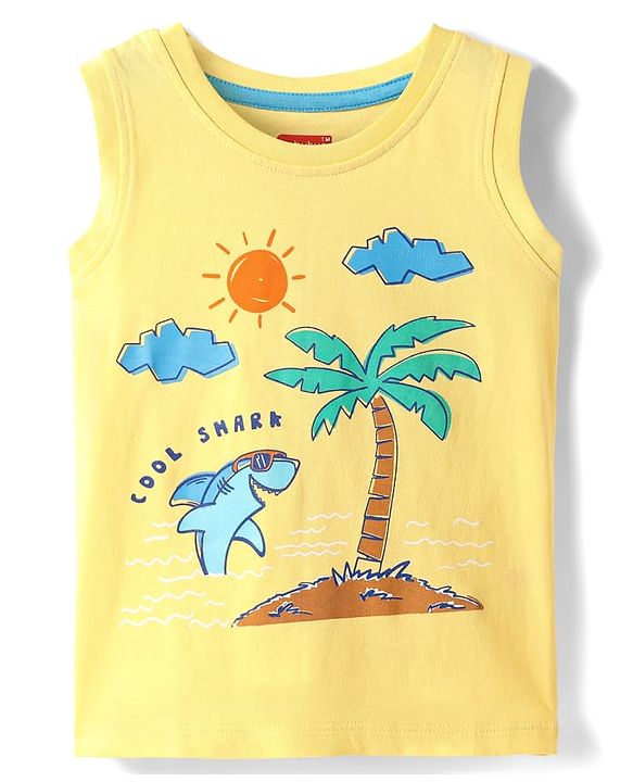 Babyhug Cotton Knit Sleeveless Tank T-Shirt With Beach Theme Print -Yellow