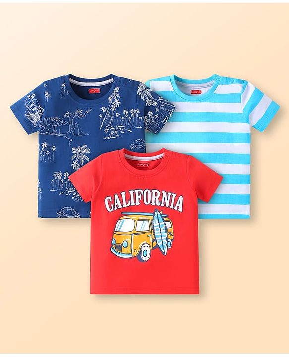 Babyhug Cotton Knit Half Sleeves T-Shirts with Beach Theme Print & Stripes Pack of 3 - White Red & Navy Blue