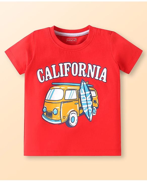 Babyhug Cotton Knit Half Sleeves T-Shirts with Beach Theme Print & Stripes Pack of 3 - White Red & Navy Blue