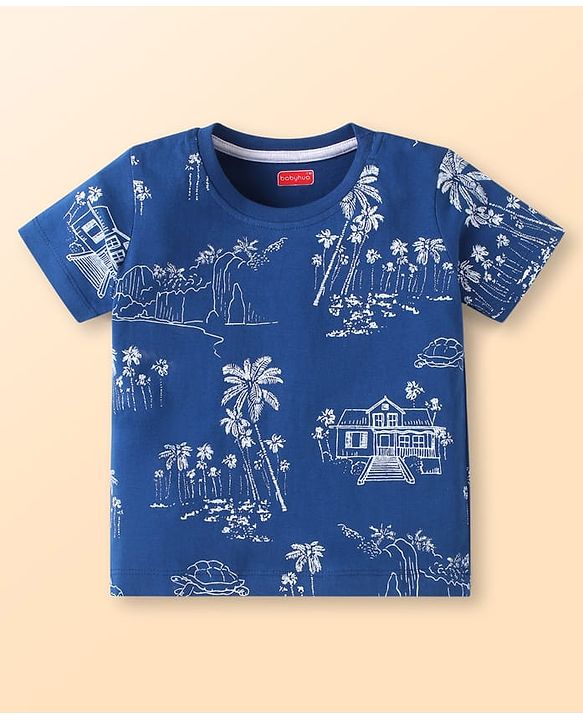 Babyhug Cotton Knit Half Sleeves T-Shirts with Beach Theme Print & Stripes Pack of 3 - White Red & Navy Blue