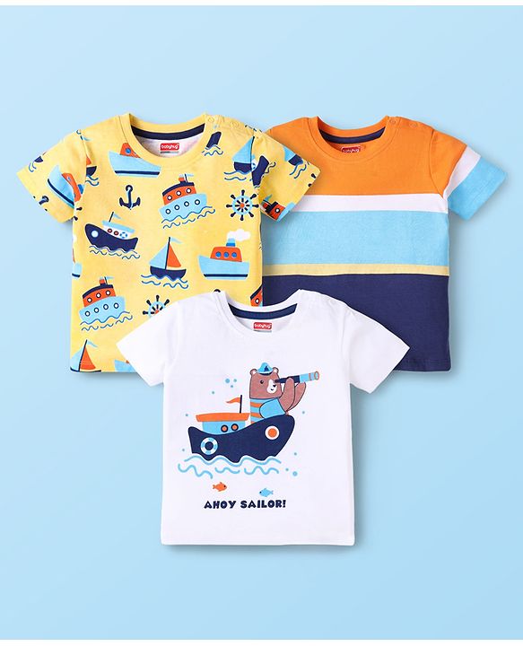 Babyhug Cotton Knit Half Sleeves T-Shirts with Stripes & Boat Print Pack Of 3 - Yellow & White