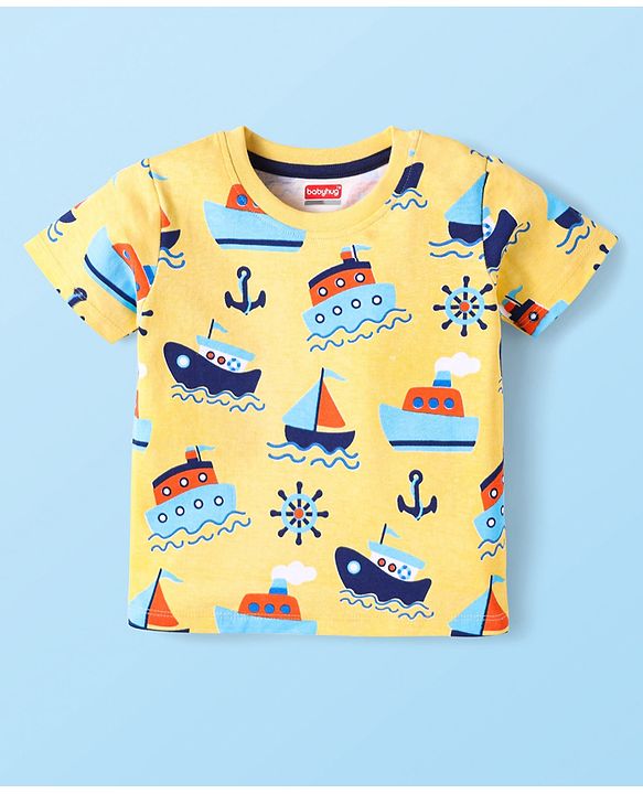 Babyhug Cotton Knit Half Sleeves T-Shirts with Stripes & Boat Print Pack Of 3 - Yellow & White