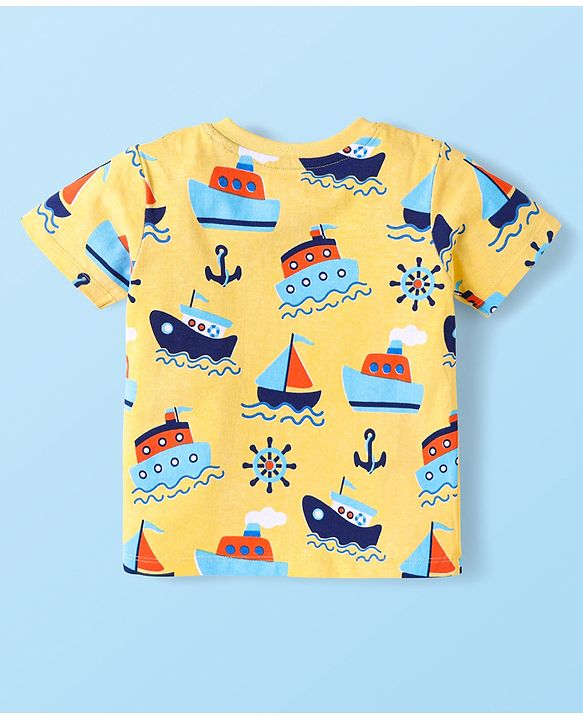 Babyhug Cotton Knit Half Sleeves T-Shirts with Stripes & Boat Print Pack Of 3 - Yellow & White