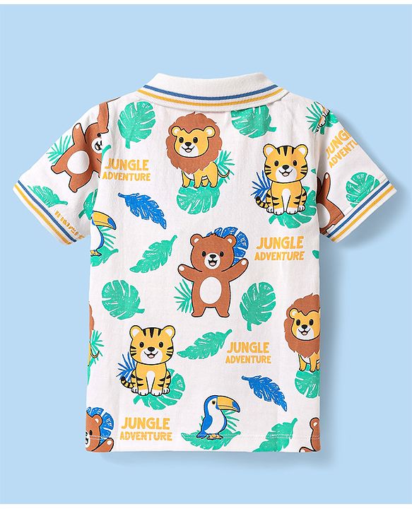 Babyhug Cotton Knit Half Sleeves Collar T-Shirt with Animal Print -  White