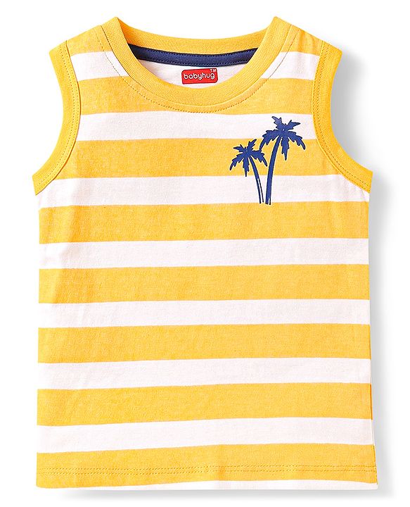 Babyhug Cotton Knit Sleeveless Tank T-Shirts With Stripes & Beach Theme Print Pack Of 3 - Yellow & Orange