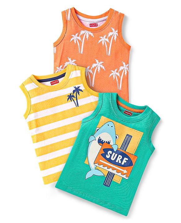 Babyhug Cotton Knit Sleeveless Tank T-Shirts With Stripes & Beach Theme Print Pack Of 3 - Yellow & Orange