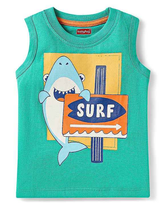 Babyhug Cotton Knit Sleeveless Tank T-Shirts With Stripes & Beach Theme Print Pack Of 3 - Yellow & Orange