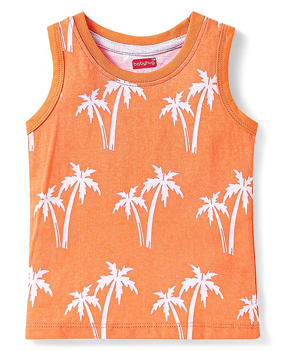 Babyhug Cotton Knit Sleeveless Tank T-Shirts With Stripes & Beach Theme Print Pack Of 3 - Yellow & Orange