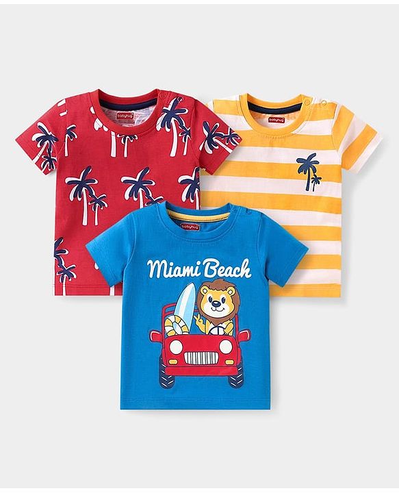 Babyhug Cotton Knit Half Sleeves T-Shirts With Stripes & Animal Print Pack Of 3 - Red & Blue