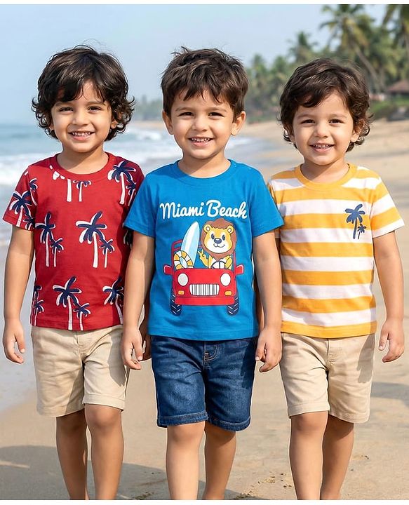 Babyhug Cotton Knit Half Sleeves T-Shirts With Stripes & Animal Print Pack Of 3 - Red & Blue