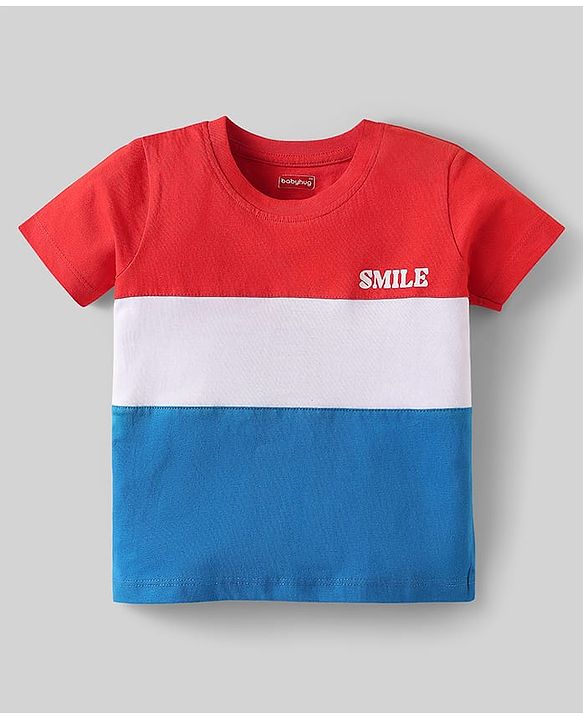 Babyhug Cotton Knit Half Sleeves Striped T-Shirts with Text Print Pack of 3 - Blue & Red