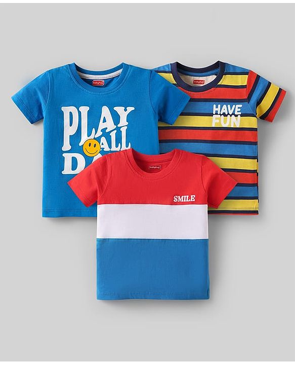 Babyhug Cotton Knit Half Sleeves Striped T-Shirts with Text Print Pack of 3 - Blue & Red