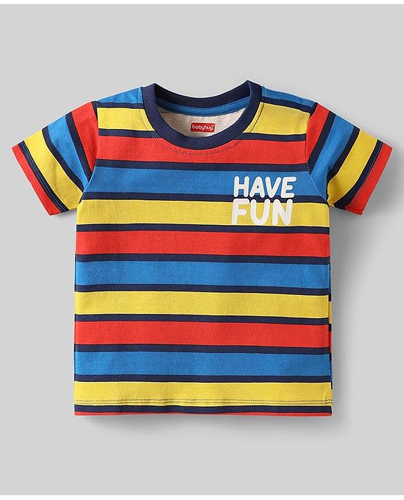 Babyhug Cotton Knit Half Sleeves Striped T-Shirts with Text Print Pack of 3 - Blue & Red