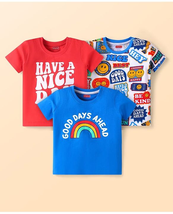Babyhug Cotton Knit Half Sleeves T-Shirts with Text Print Pack of 3 - White Red & Blue