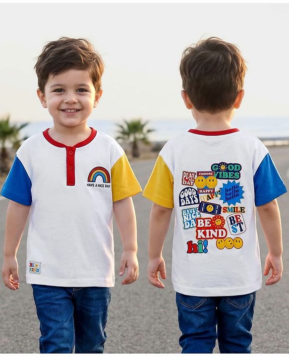Babyhug Cotton Knit Half Sleeves Oversized Drop Shoulder Color Block Henley Neck T-Shirt With Rainbow Print - Blue & White