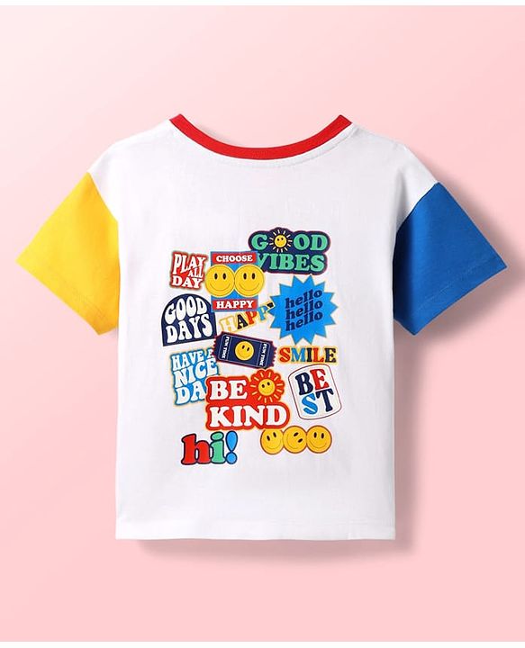 Babyhug Cotton Knit Half Sleeves Oversized Drop Shoulder Color Block Henley Neck T-Shirt With Rainbow Print - Blue & White