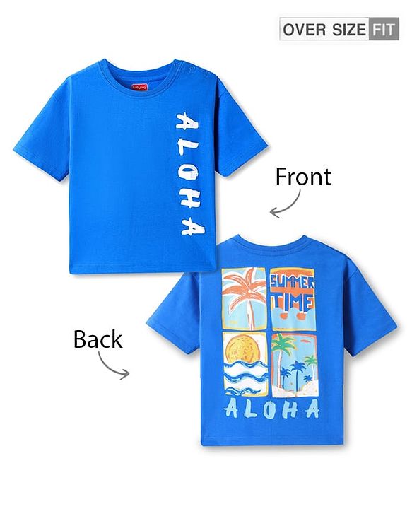 Babyhug Cotton Knit Half Sleeves Oversized Henley Neck T-Shirt with Beach & Aloha Text & Print - Blue